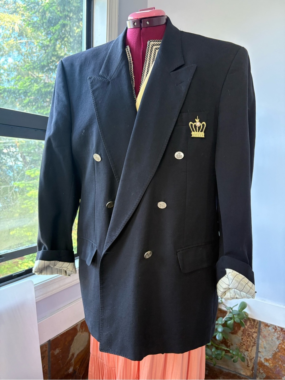 Black Double-Breasted Blazer with Crown Crest